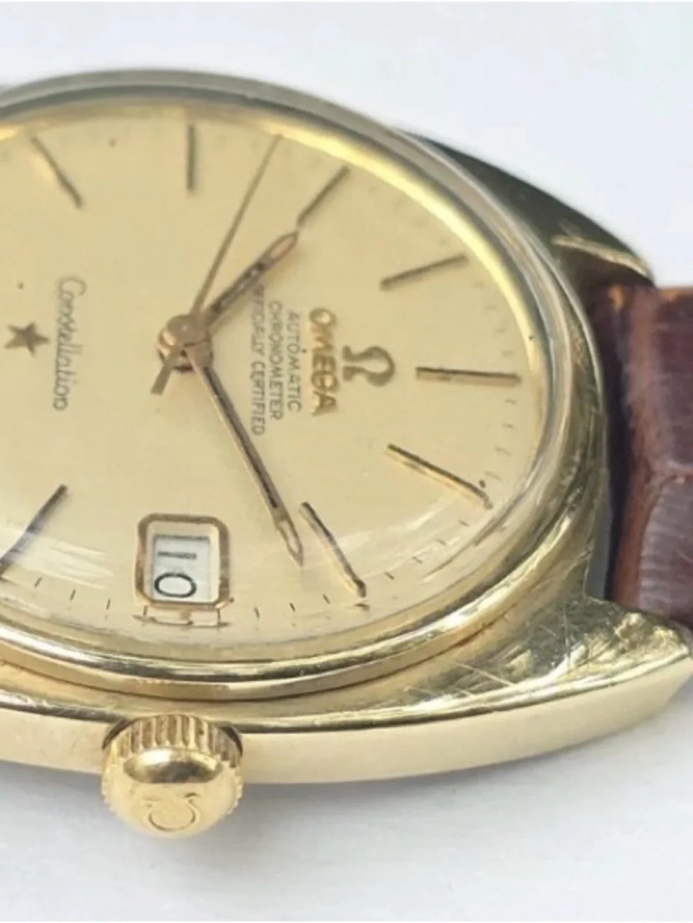 Omega Gold-Tone Constellation Watch with Brown Leather Strap